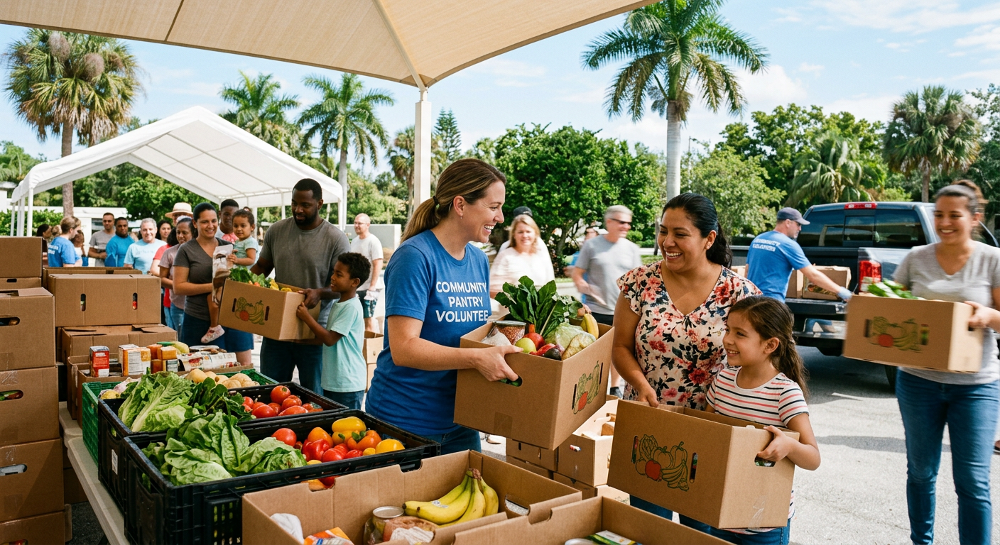 Volunteers handing out boxes of fresh produce to local families