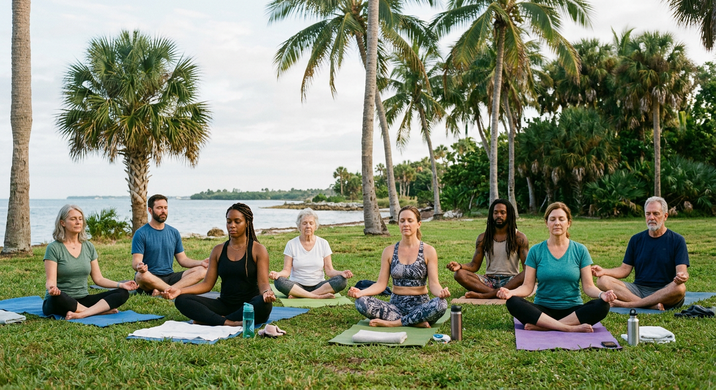 A small group practicing mindfulness and yoga on the grass under palm trees