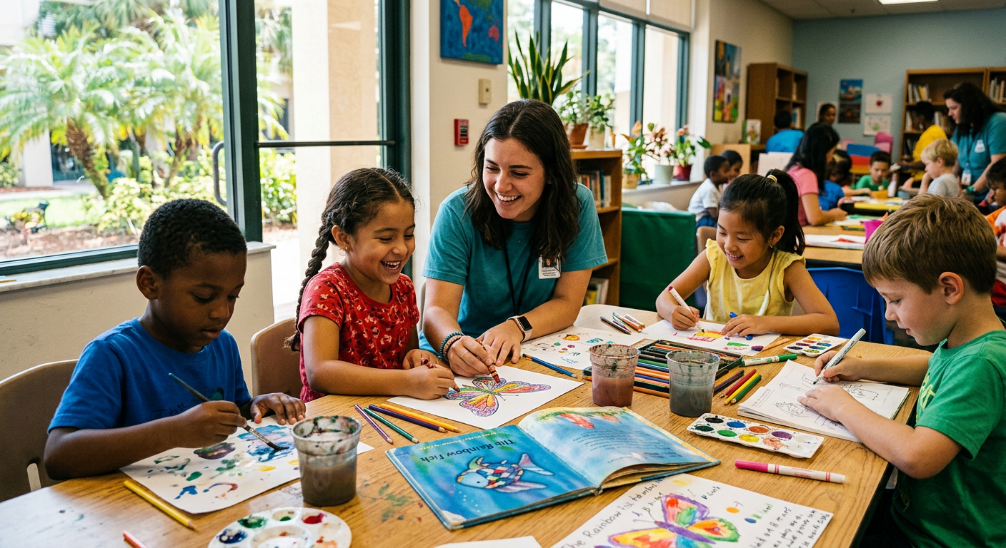 A mentor helping children with a reading and art activity at a community center